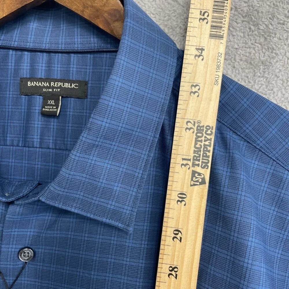 NEW Banana Republic Men's XXL Slim Fit Button down Dress Shirt Plaid Blue